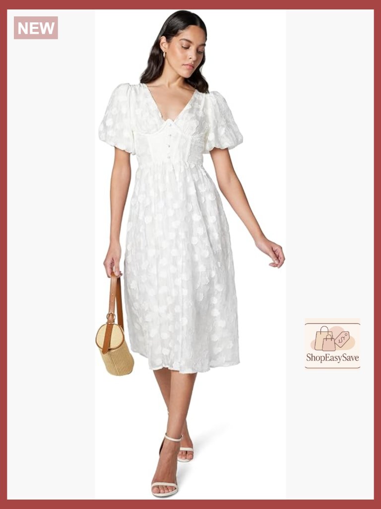 Floral Jacquard Midi Dress V-Neck Puff Sleeves Back Tie Casual Chic